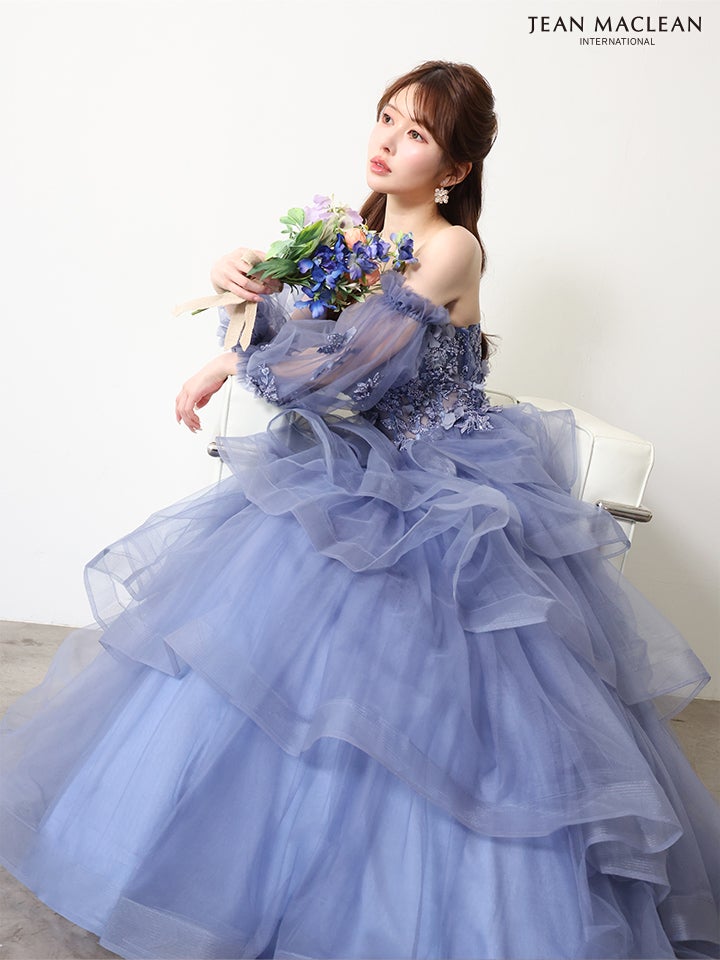 JEAN MACLEAN ジャンマクレーン ワンカラー/立体フラワーモチーフ/4段ボリュームフリル/袖付き/オフショル/姫/ロングドレス ja61096