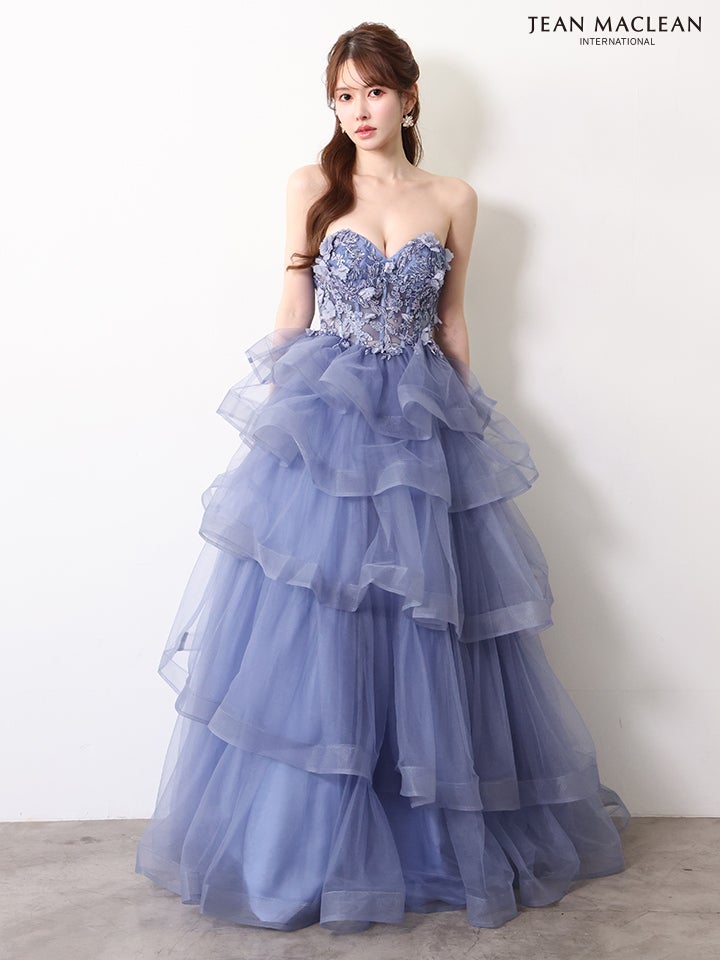 JEAN MACLEAN ジャンマクレーン ワンカラー/立体フラワーモチーフ/4段ボリュームフリル/袖付き/オフショル/姫/ロングドレス ja61096