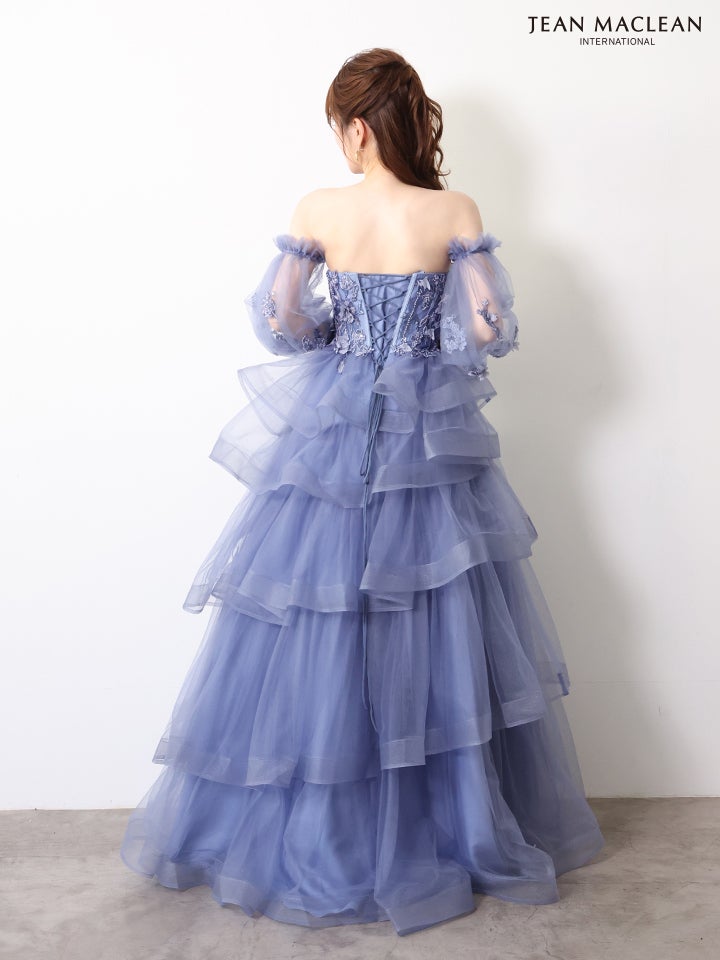 JEAN MACLEAN ジャンマクレーン ワンカラー/立体フラワーモチーフ/4段ボリュームフリル/袖付き/オフショル/姫/ロングドレス ja61096