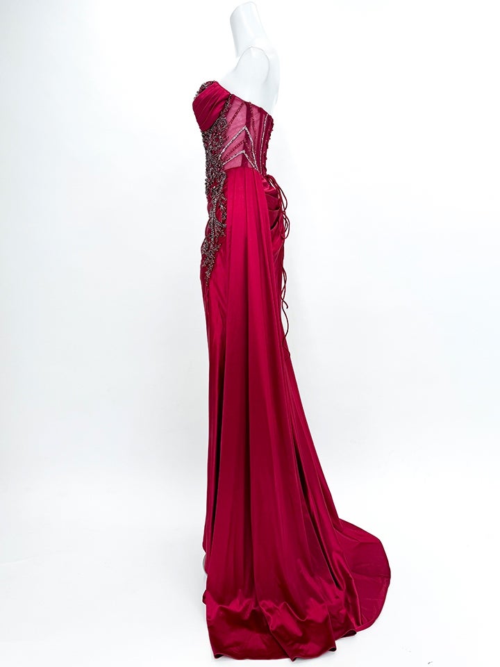 vanityME.couture.バニティーミークチュール ラグジュアリービジュー シャイニーサテン メッシュ ショール付き スリット入り バースデードレス ロングドレス ディープレッド vctr-l-kv1131-2