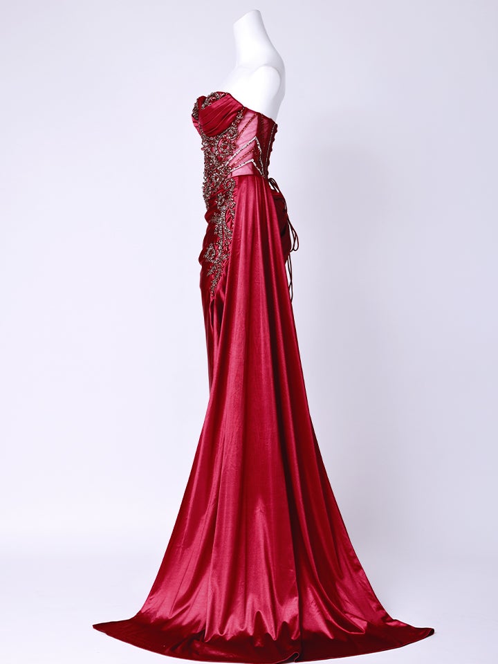 vanityME.couture.バニティーミークチュール ラグジュアリービジュー シャイニーサテン メッシュ ショール付き スリット入り バースデードレス ロングドレス ディープレッド vctr-l-kv1131-2