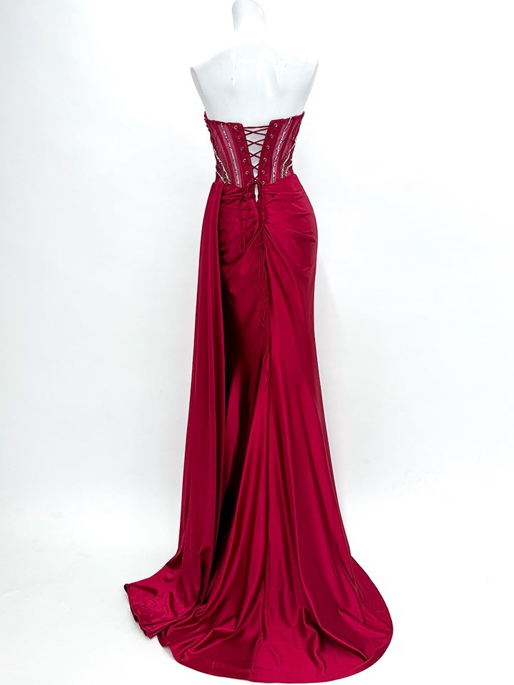 vanityME.couture.バニティーミークチュール ラグジュアリービジュー シャイニーサテン メッシュ ショール付き スリット入り バースデードレス ロングドレス ディープレッド vctr-l-kv1131-2