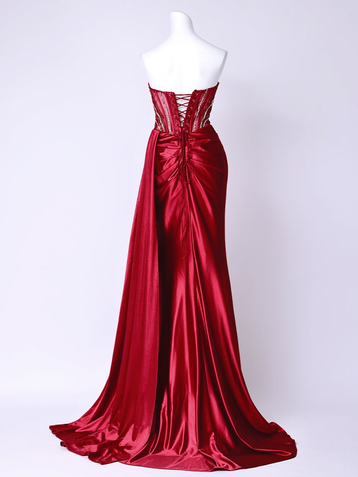 vanityME.couture.バニティーミークチュール ラグジュアリービジュー シャイニーサテン メッシュ ショール付き スリット入り バースデードレス ロングドレス ディープレッド vctr-l-kv1131-2