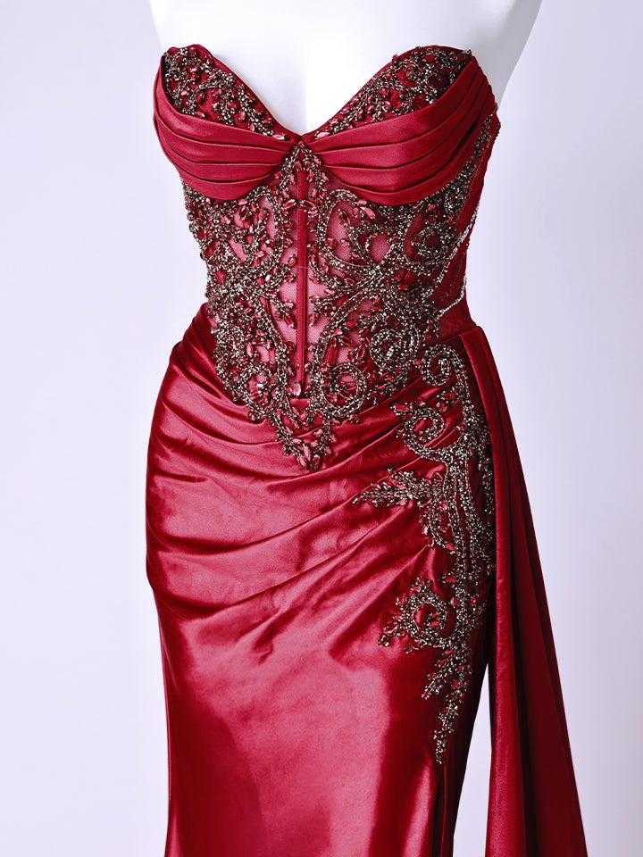 vanityME.couture.バニティーミークチュール ラグジュアリービジュー シャイニーサテン メッシュ ショール付き スリット入り バースデードレス ロングドレス ディープレッド vctr-l-kv1131-2