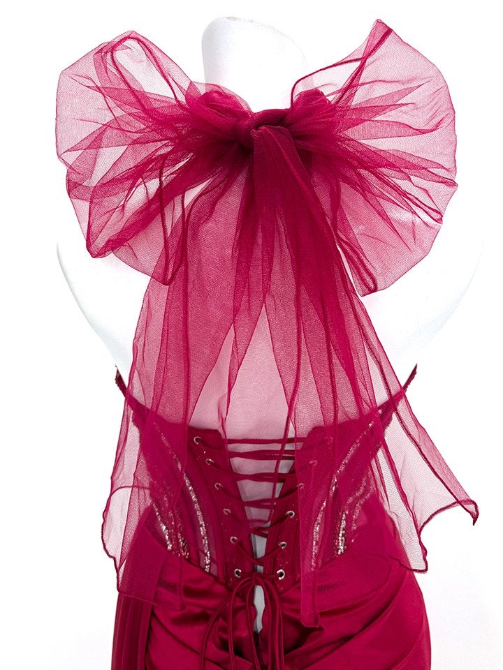 vanityME.couture.バニティーミークチュール ラグジュアリービジュー シャイニーサテン メッシュ ショール付き スリット入り バースデードレス ロングドレス ディープレッド vctr-l-kv1131-2