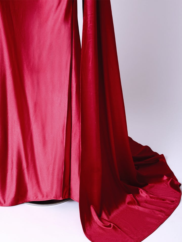 vanityME.couture.バニティーミークチュール ラグジュアリービジュー シャイニーサテン メッシュ ショール付き スリット入り バースデードレス ロングドレス ディープレッド vctr-l-kv1131-2