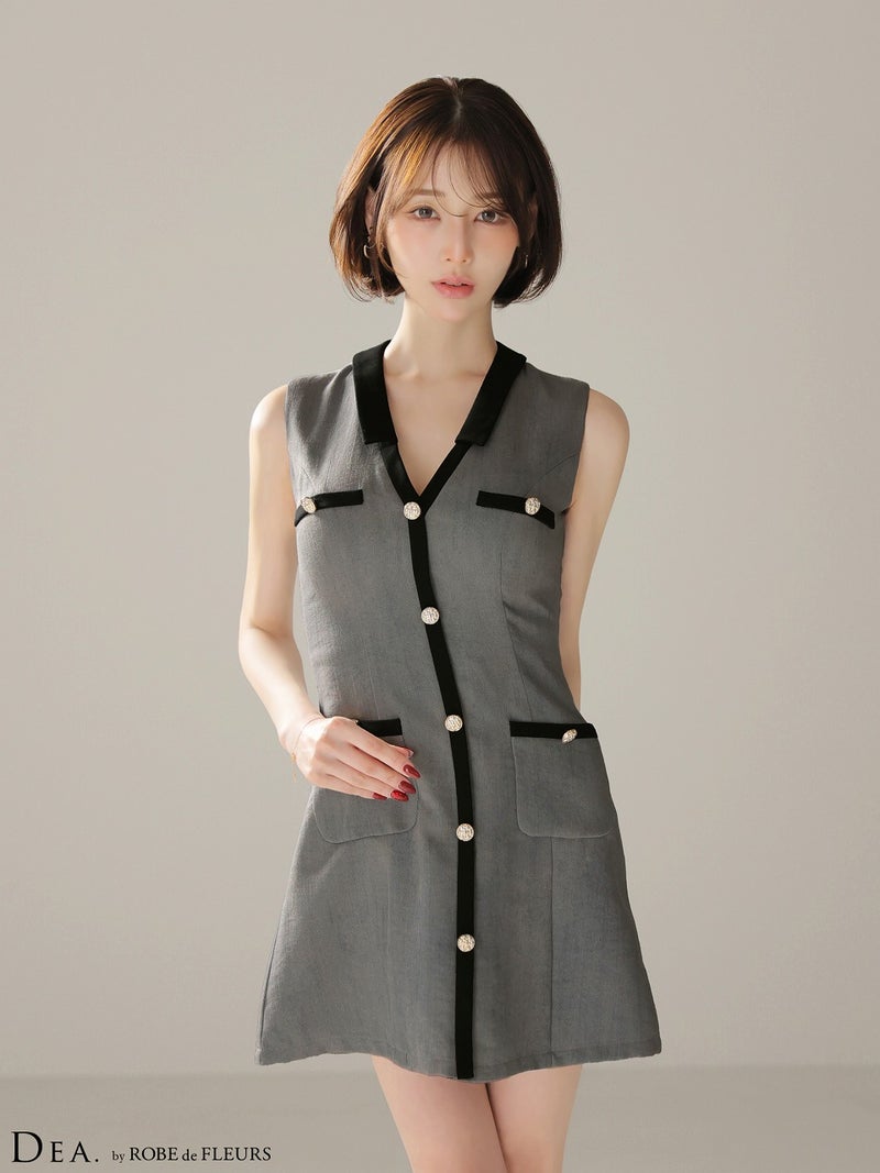 DEA. ディア バイ ローブドフルール 【XSサイズあり】配色ラインVネック台形ミニキャバドレス de4176-c