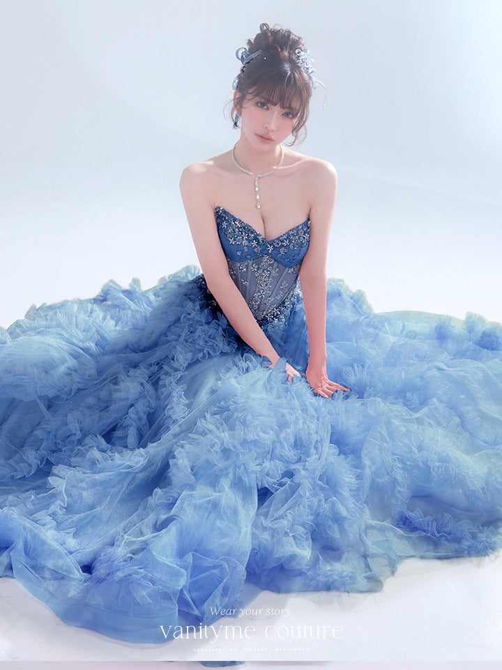 vanityME.couture. バニティーミークチュール Rose Bijou Couture ローズ・ビジュー・クチュール ロングドレス ブルー ビジュー フリル バースデー vctr-l-a1483-2