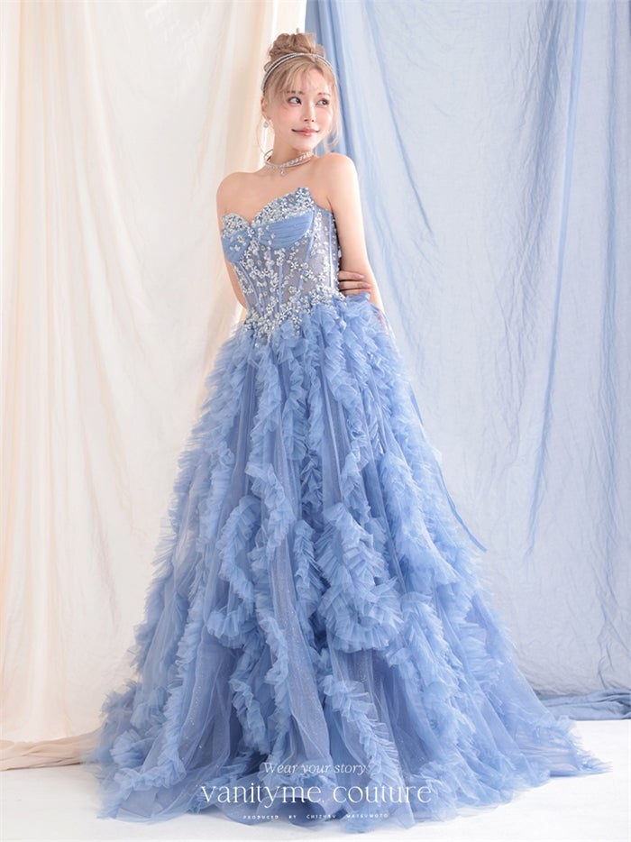 vanityME.couture. バニティーミークチュール Rose Bijou Couture ローズ・ビジュー・クチュール ロングドレス ブルー ビジュー フリル バースデー vctr-l-a1483-2