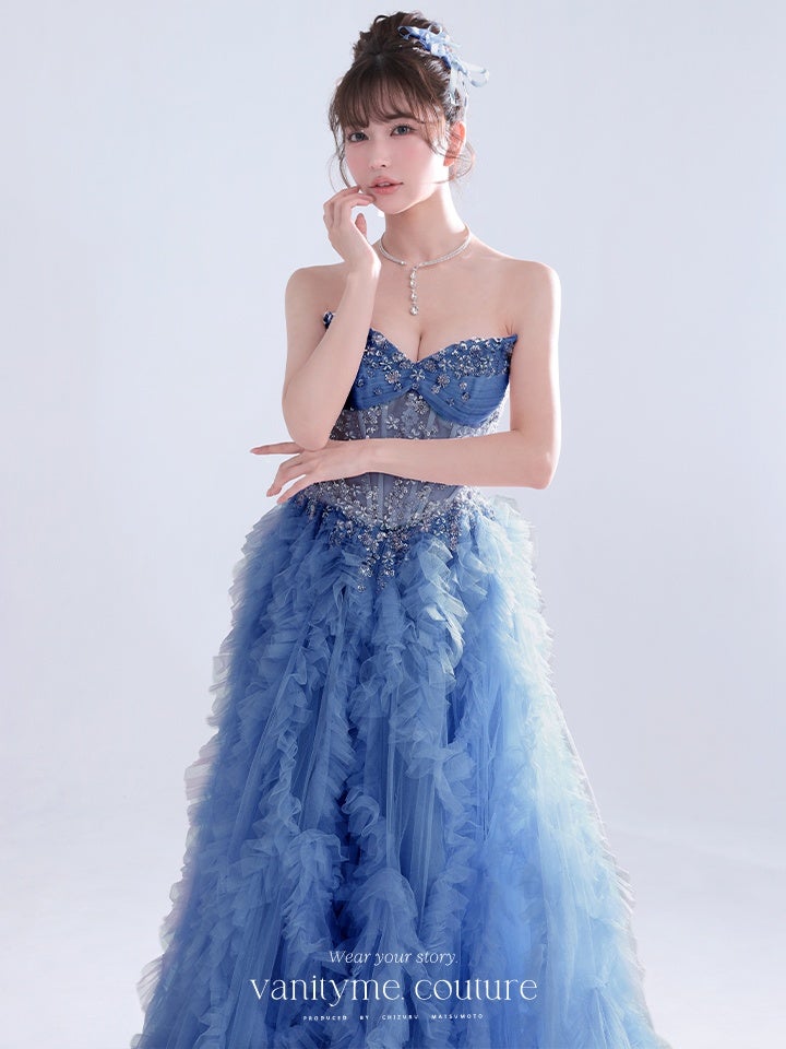 vanityME.couture. バニティーミークチュール Rose Bijou Couture ローズ・ビジュー・クチュール ロングドレス ブルー ビジュー フリル バースデー vctr-l-a1483-2