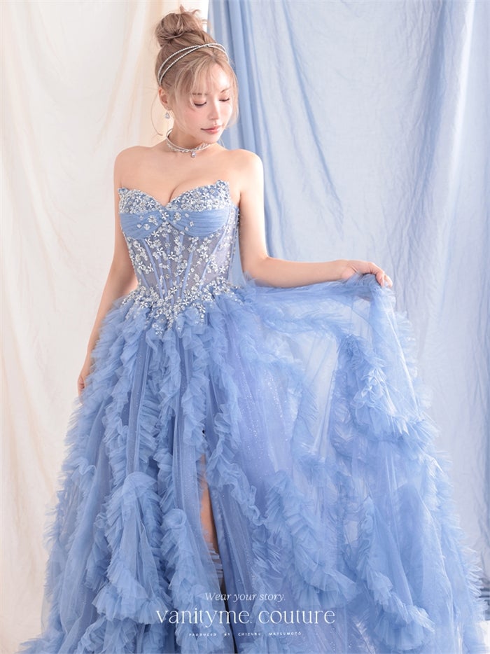 vanityME.couture. バニティーミークチュール Rose Bijou Couture ローズ・ビジュー・クチュール ロングドレス ブルー ビジュー フリル バースデー vctr-l-a1483-2