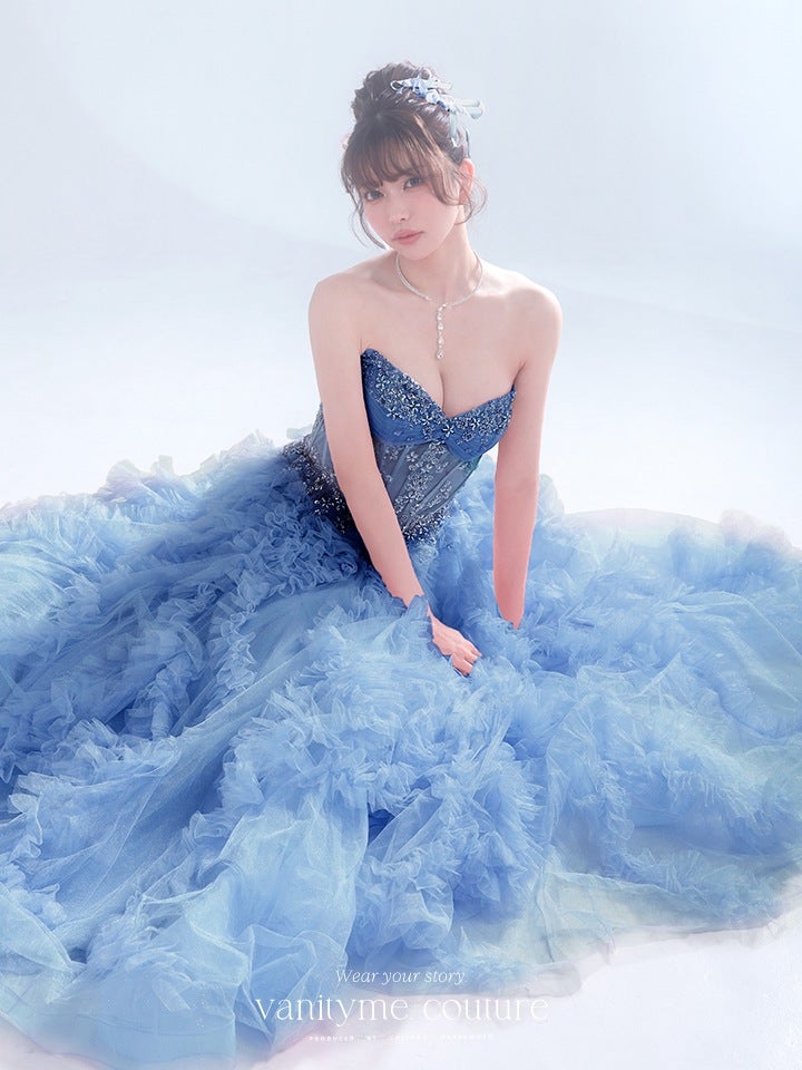 vanityME.couture. バニティーミークチュール Rose Bijou Couture ローズ・ビジュー・クチュール ロングドレス ブルー ビジュー フリル バースデー vctr-l-a1483-2