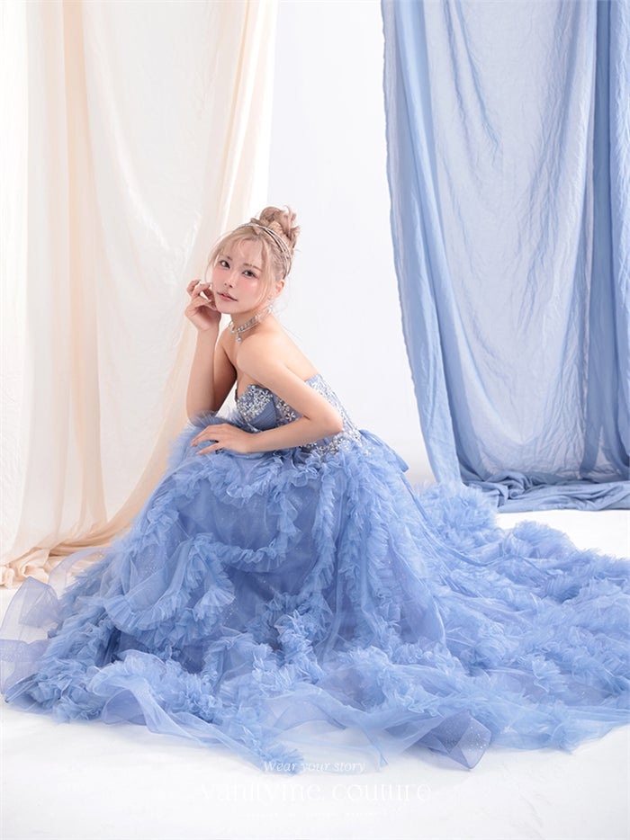 vanityME.couture. バニティーミークチュール Rose Bijou Couture ローズ・ビジュー・クチュール ロングドレス ブルー ビジュー フリル バースデー vctr-l-a1483-2