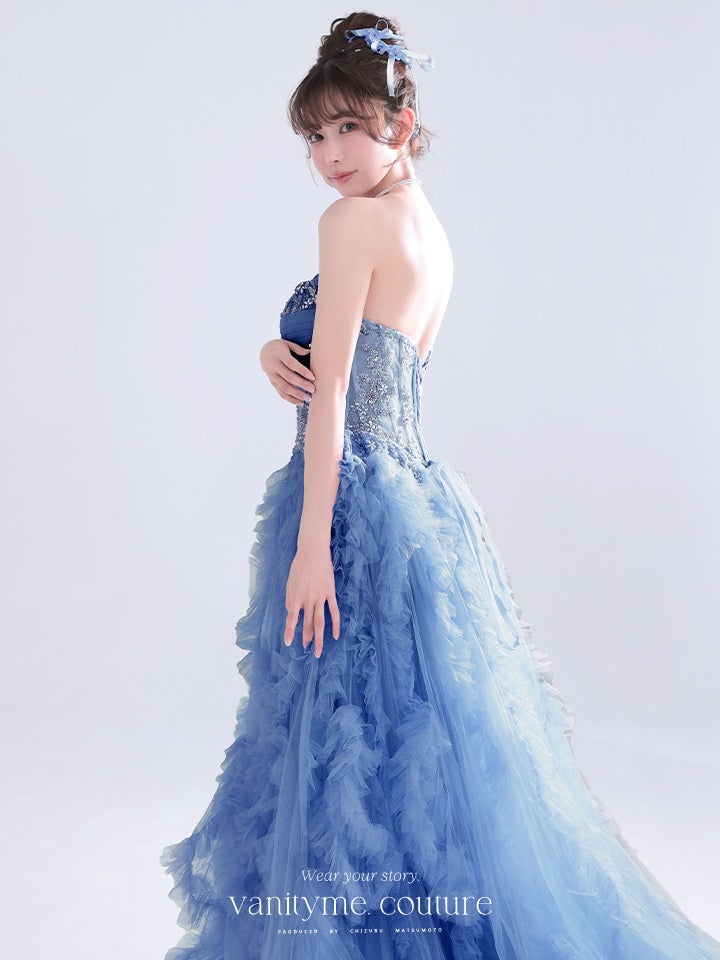 vanityME.couture. バニティーミークチュール Rose Bijou Couture ローズ・ビジュー・クチュール ロングドレス ブルー ビジュー フリル バースデー vctr-l-a1483-2
