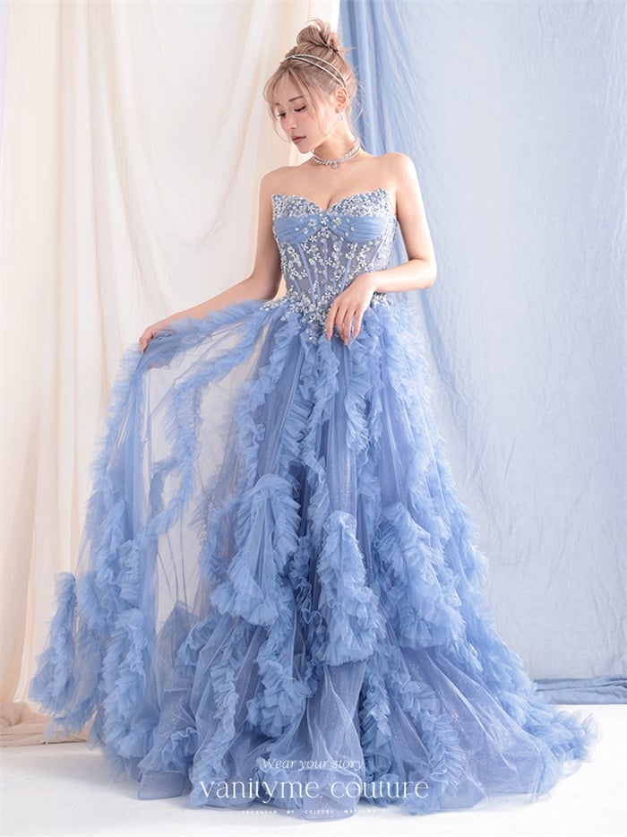 vanityME.couture. バニティーミークチュール Rose Bijou Couture ローズ・ビジュー・クチュール ロングドレス ブルー ビジュー フリル バースデー vctr-l-a1483-2