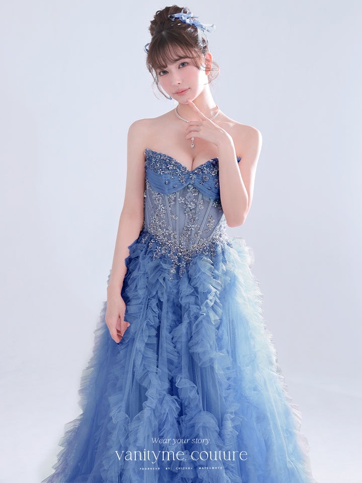 vanityME.couture. バニティーミークチュール Rose Bijou Couture ローズ・ビジュー・クチュール ロングドレス ブルー ビジュー フリル バースデー vctr-l-a1483-2