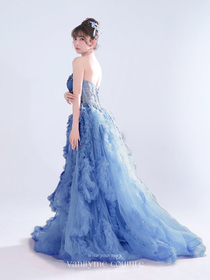 vanityME.couture. バニティーミークチュール Rose Bijou Couture ローズ・ビジュー・クチュール ロングドレス ブルー ビジュー フリル バースデー vctr-l-a1483-2