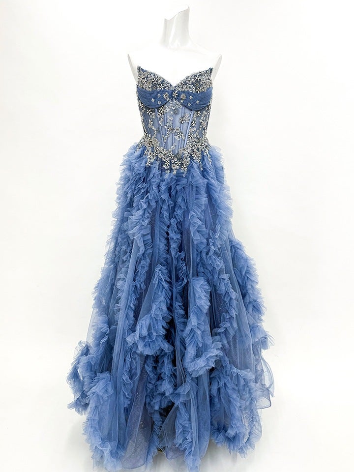 vanityME.couture. バニティーミークチュール Rose Bijou Couture ローズ・ビジュー・クチュール ロングドレス ブルー ビジュー フリル バースデー vctr-l-a1483-2