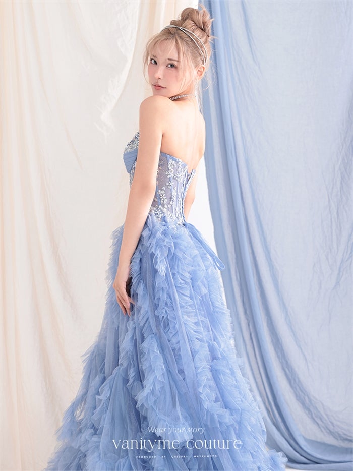 vanityME.couture. バニティーミークチュール Rose Bijou Couture ローズ・ビジュー・クチュール ロングドレス ブルー ビジュー フリル バースデー vctr-l-a1483-2