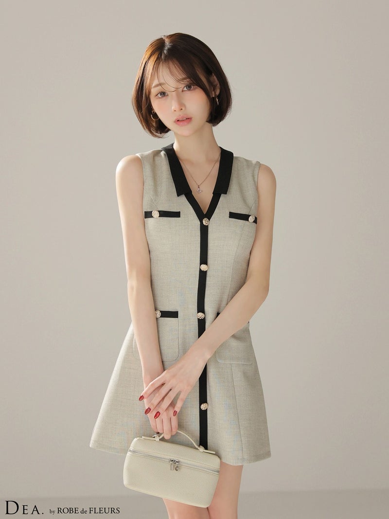 DEA. ディア バイ ローブドフルール 【XSサイズあり】配色ラインVネック台形ミニキャバドレス de4176