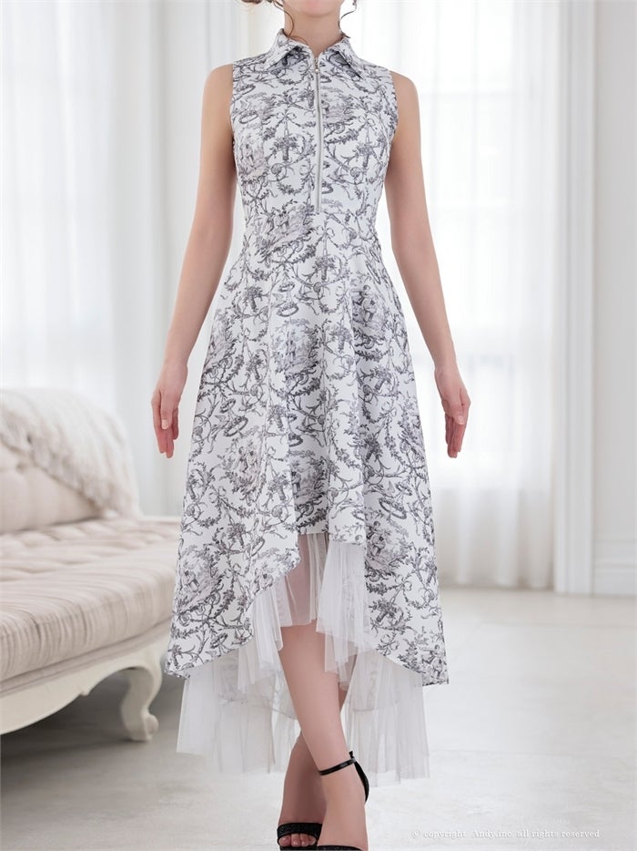 Andy アンディ トワルドジュイ柄フロントジップ襟付きフィッシュテールキャバドレス【襟付き/ノースリーブ】 an-on3062