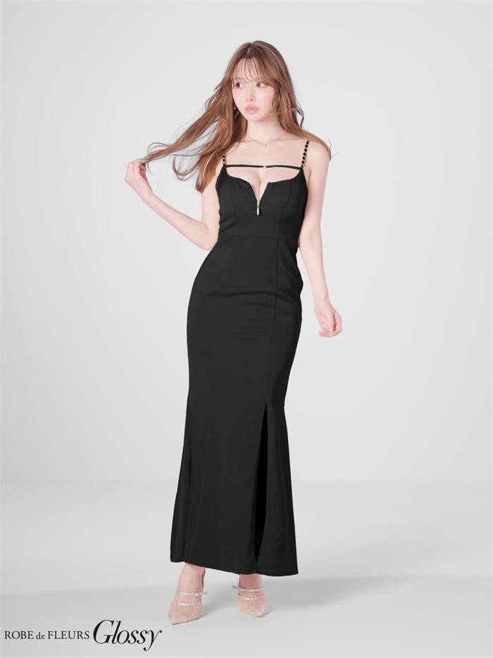 Glossy ローブドフルールグロッシー 【Lサイズあり】チェーンショルダーサテンマーメイドロングキャバドレス gl4177-c
