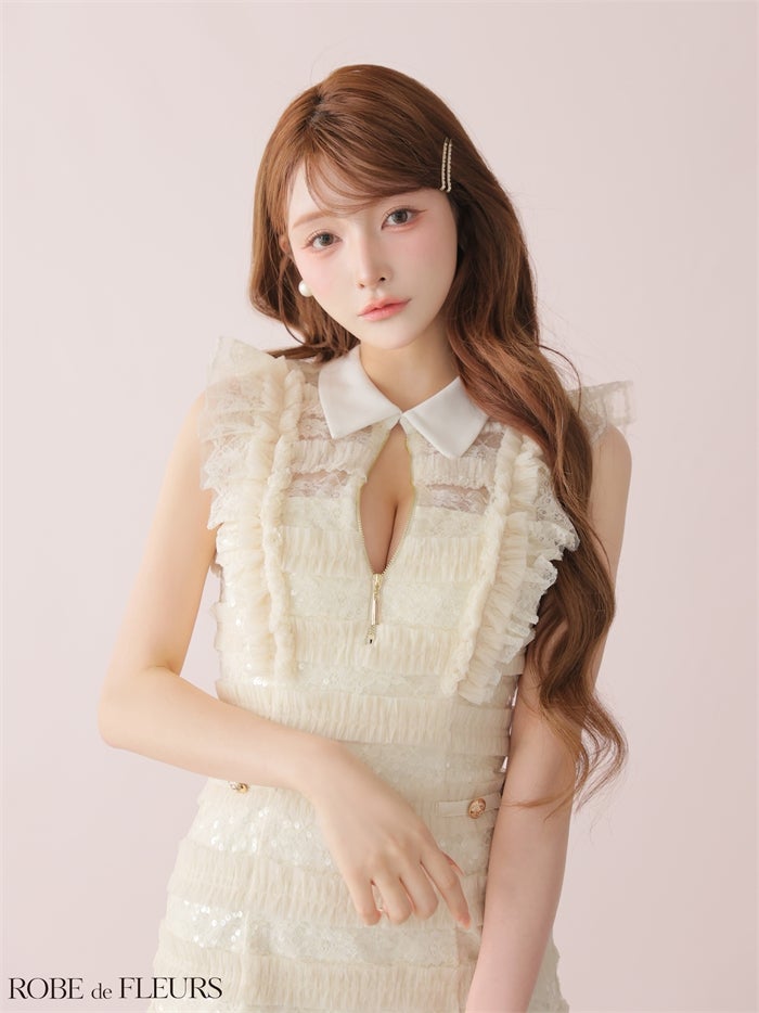 ROBE de FLEURS ローブドフルール 【XSサイズあり】フリルスパンコールチュールミニキャバドレス fm3480-c