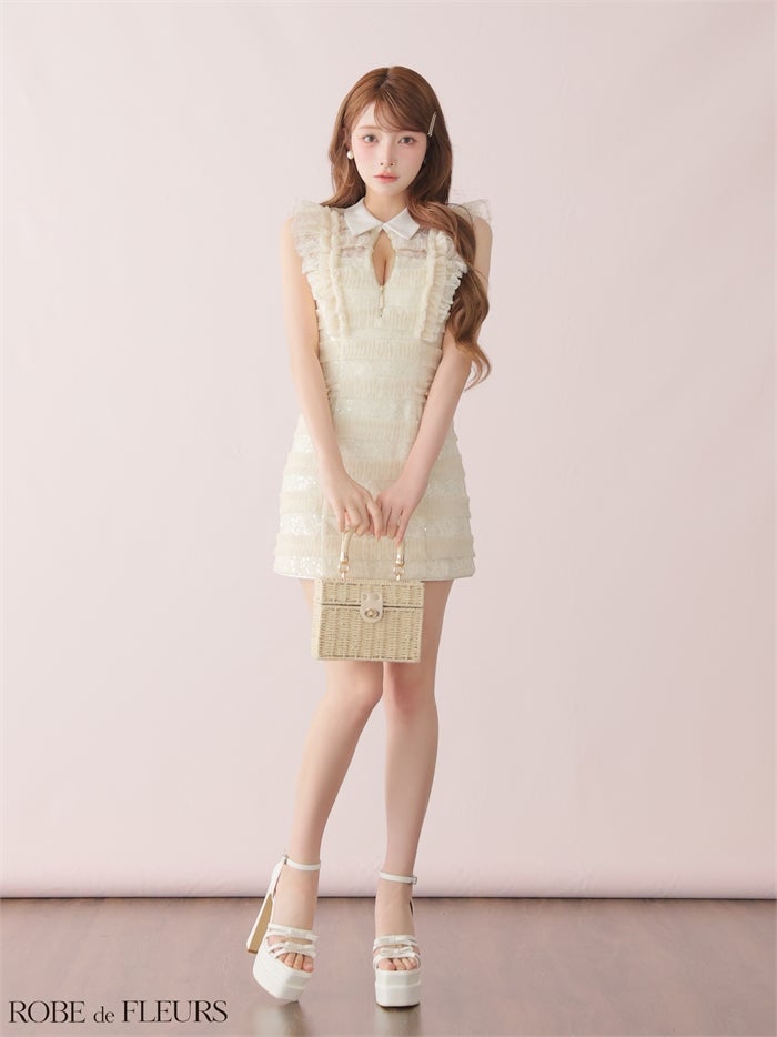 ROBE de FLEURS ローブドフルール 【XSサイズあり】フリルスパンコールチュールミニキャバドレス fm3480-c