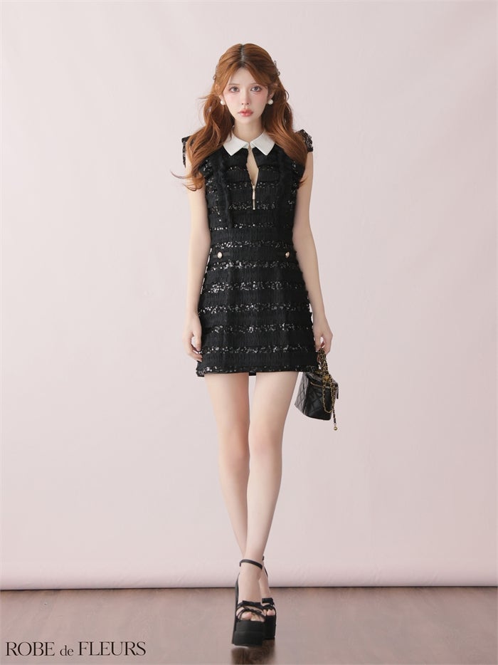 ROBE de FLEURS ローブドフルール 【XSサイズあり】フリルスパンコールチュールミニキャバドレス fm3480-c