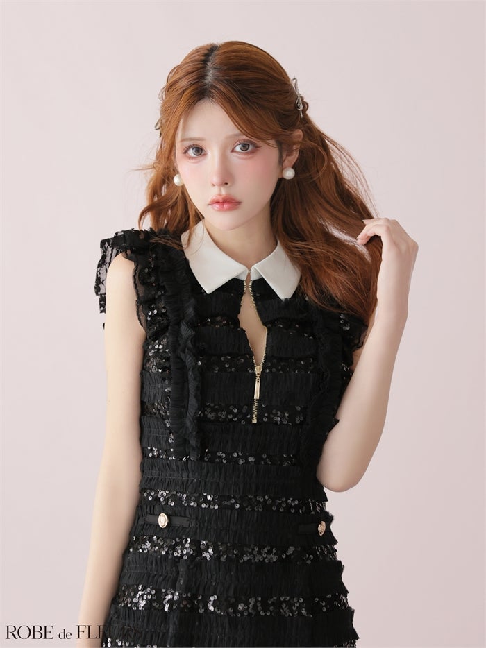 ROBE de FLEURS ローブドフルール 【XSサイズあり】 フリルスパンコールチュールミニキャバドレス fm3480-c