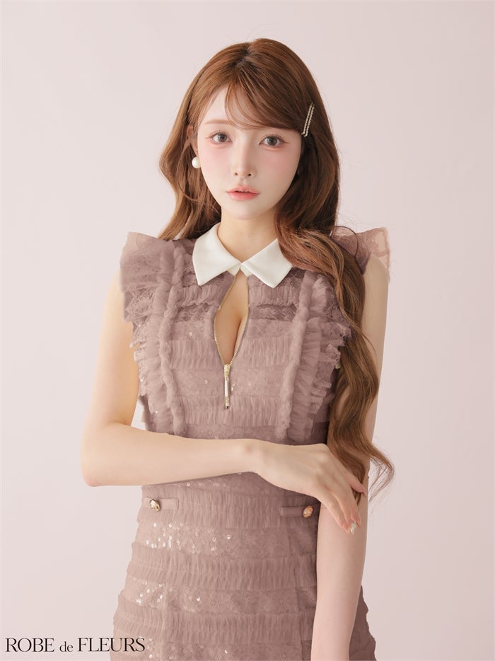 ROBE de FLEURS ローブドフルール 【XSサイズあり】フリルスパンコールチュールミニキャバドレス fm3480-c