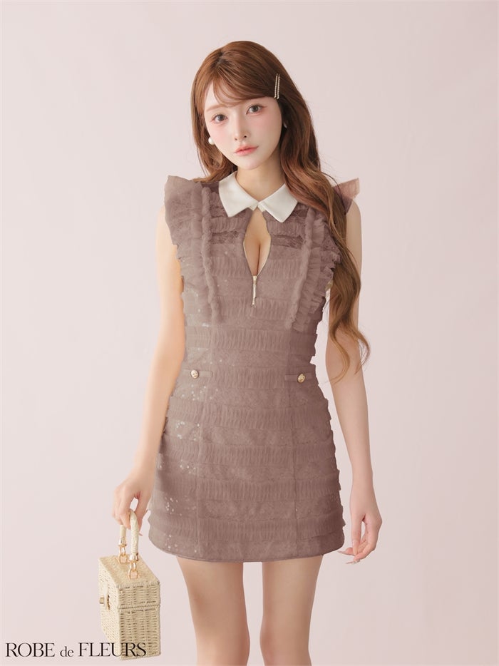 ROBE de FLEURS ローブドフルール 【XSサイズあり】 フリルスパンコールチュールミニキャバドレス fm3480-c