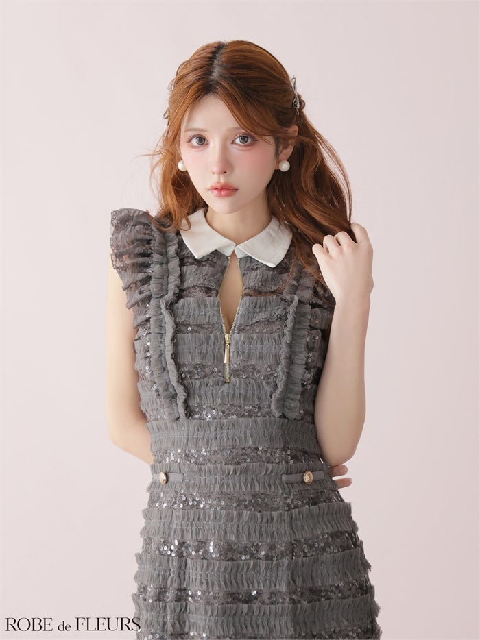 ROBE de FLEURS ローブドフルール 【XSサイズあり】フリルスパンコールチュールミニキャバドレス fm3480-c