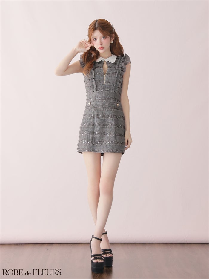 ROBE de FLEURS ローブドフルール 【XSサイズあり】フリルスパンコールチュールミニキャバドレス fm3480-c