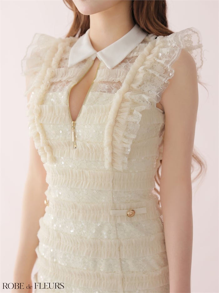 ROBE de FLEURS ローブドフルール 【XSサイズあり】 フリルスパンコールチュールミニキャバドレス fm3480-c