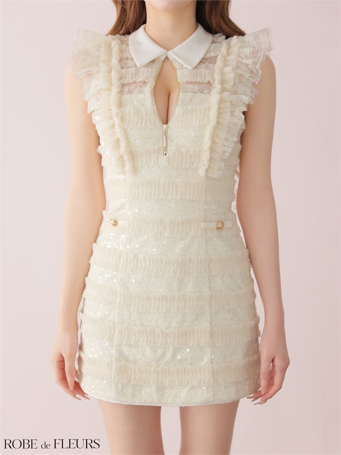 ROBE de FLEURS ローブドフルール 【XSサイズあり】 フリルスパンコールチュールミニキャバドレス fm3480-c