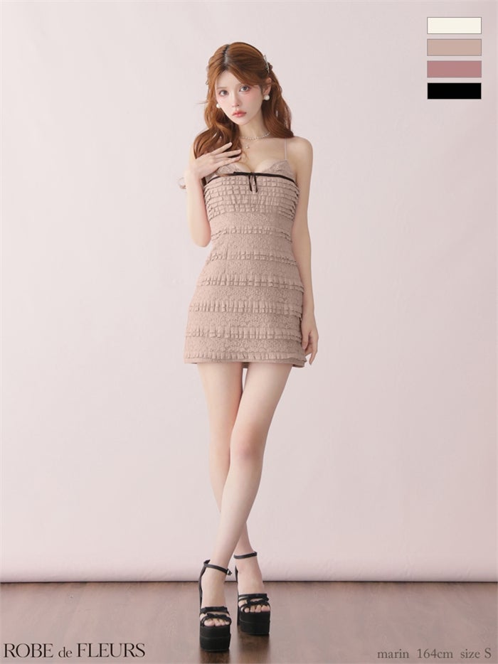 ROBE de FLEURS ローブドフルール 【XSサイズあり】 レースフリルバイカラーリボンミニキャバドレス fm4181-c