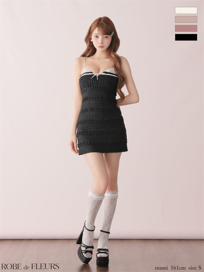ROBE de FLEURS ローブドフルール 【XSサイズあり】 レースフリルバイカラーリボンミニキャバドレス fm4181-c