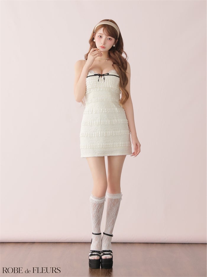 ROBE de FLEURS ローブドフルール 【XSサイズあり】 レースフリルバイカラーリボンミニキャバドレス fm4181-c