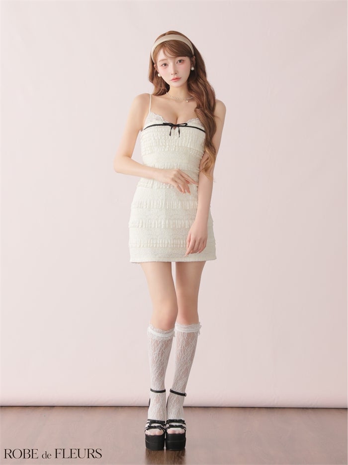 ROBE de FLEURS ローブドフルール 【XSサイズあり】 レースフリルバイカラーリボンミニキャバドレス fm4181-c