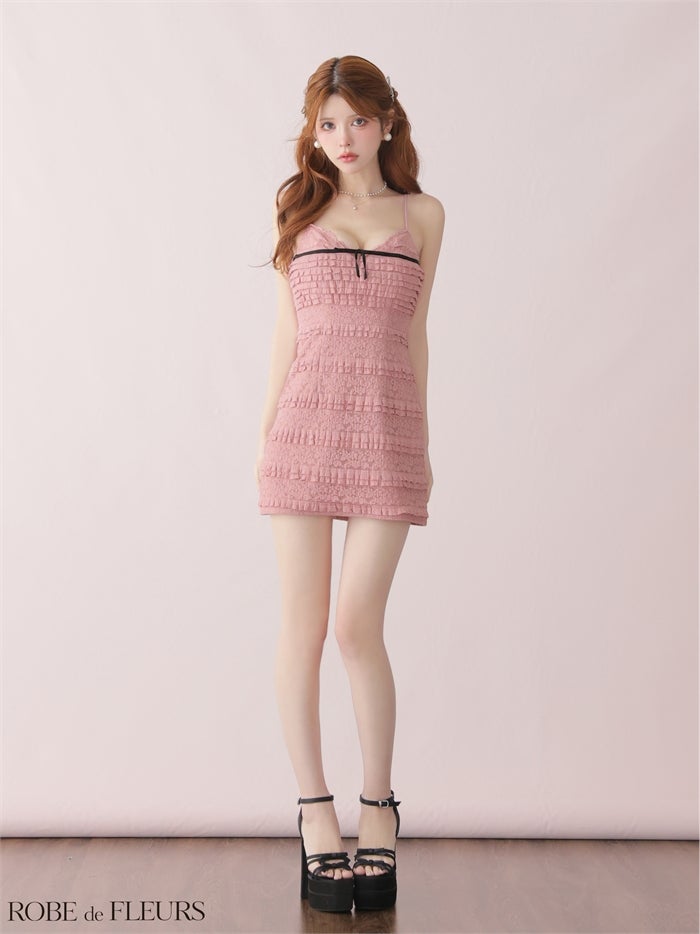 ROBE de FLEURS ローブドフルール 【XSサイズあり】 レースフリルバイカラーリボンミニキャバドレス fm4181-c
