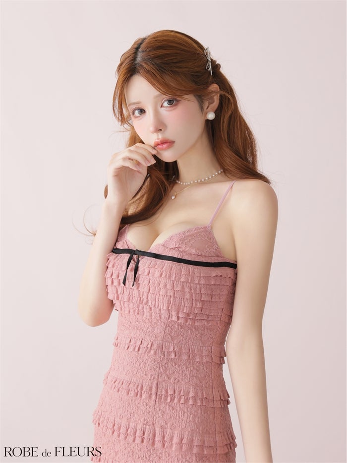 ROBE de FLEURS ローブドフルール 【XSサイズあり】 レースフリルバイカラーリボンミニキャバドレス fm4181-c