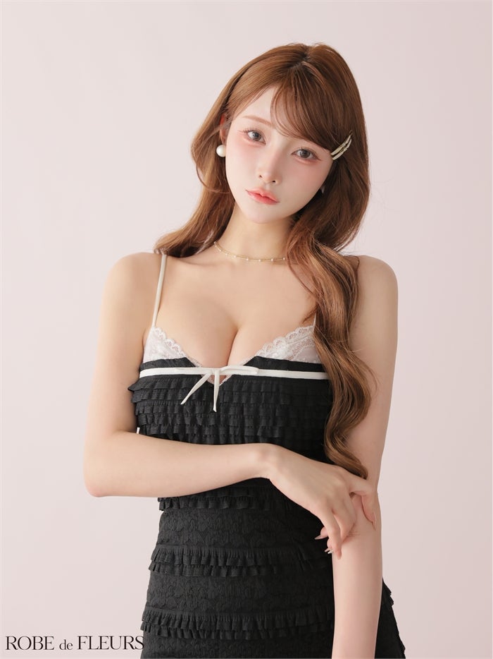 ROBE de FLEURS ローブドフルール 【XSサイズあり】 レースフリルバイカラーリボンミニキャバドレス fm4181-c