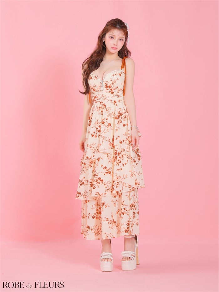 ROBE de FLEURS ローブドフルール 【XS～Lサイズあり】 フラワーシフォンティアードロングキャバドレス fm4353-c