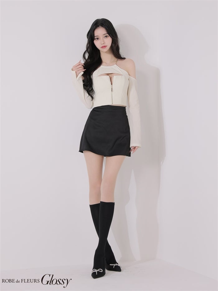 Glossy ローブドフルールグロッシー 【XSサイズあり】 チェーンストラップフロントジップセットアップミニキャバドレス gl4160