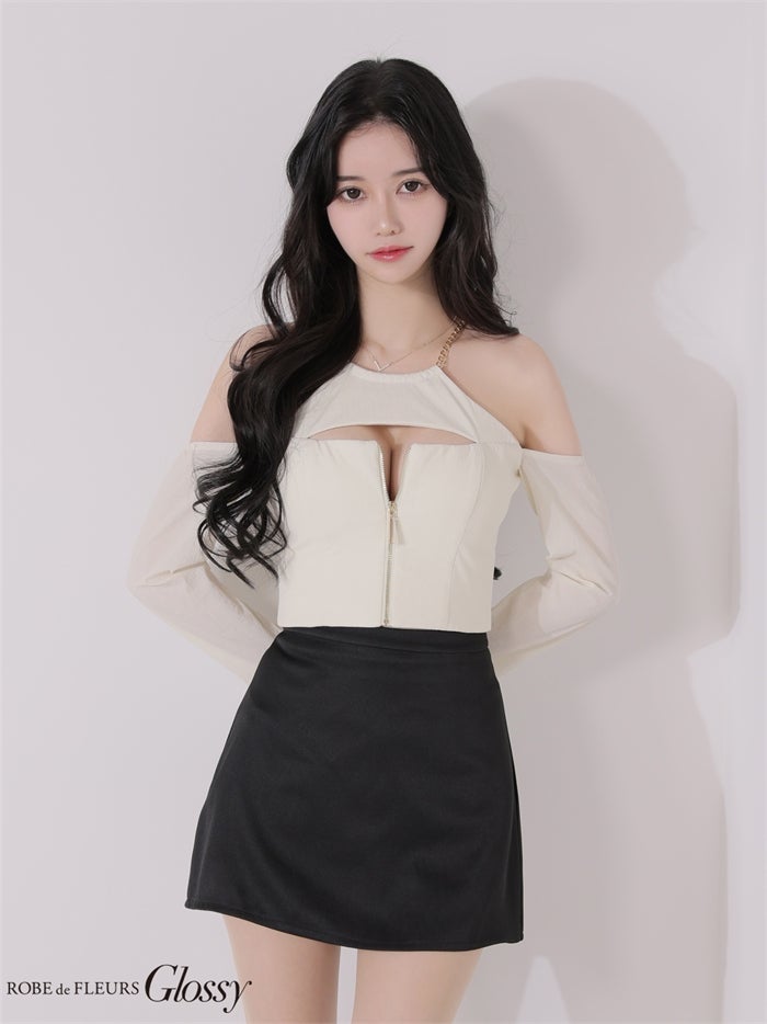 Glossy ローブドフルールグロッシー 【XSサイズあり】 チェーンストラップフロントジップセットアップミニキャバドレス gl4160