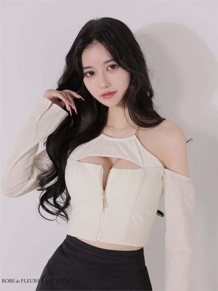 Glossy ローブドフルールグロッシー 【XSサイズあり】 チェーンストラップフロントジップセットアップミニキャバドレス gl4160