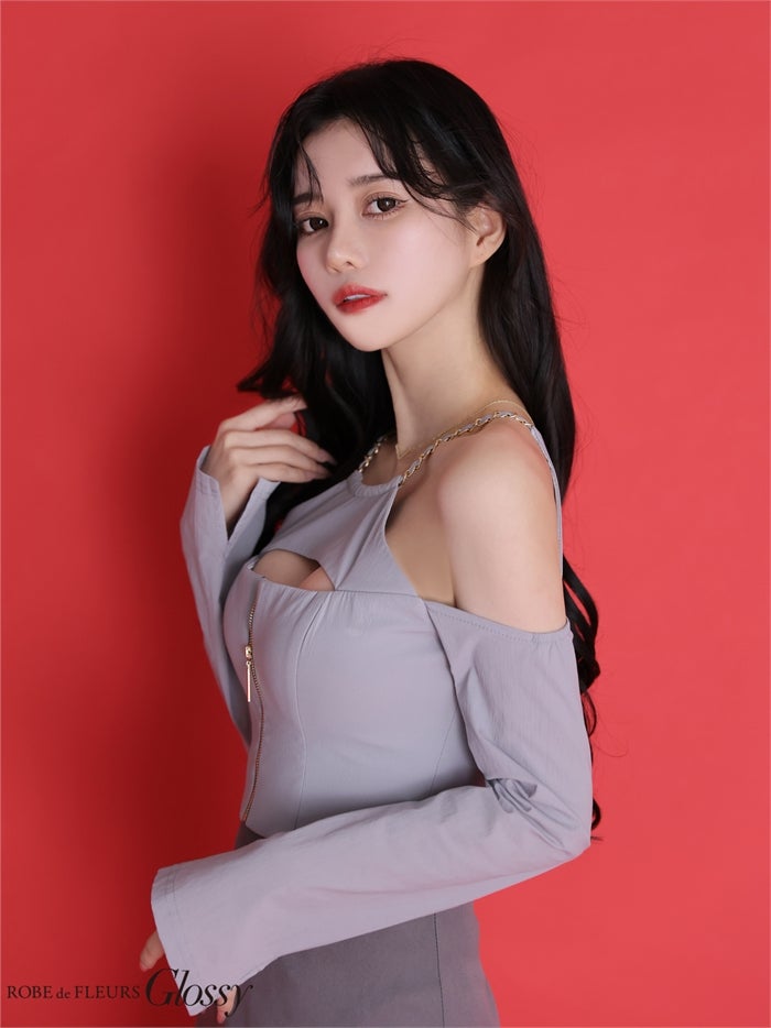 Glossy ローブドフルールグロッシー 【XSサイズあり】 チェーンストラップフロントジップセットアップミニキャバドレス gl4160