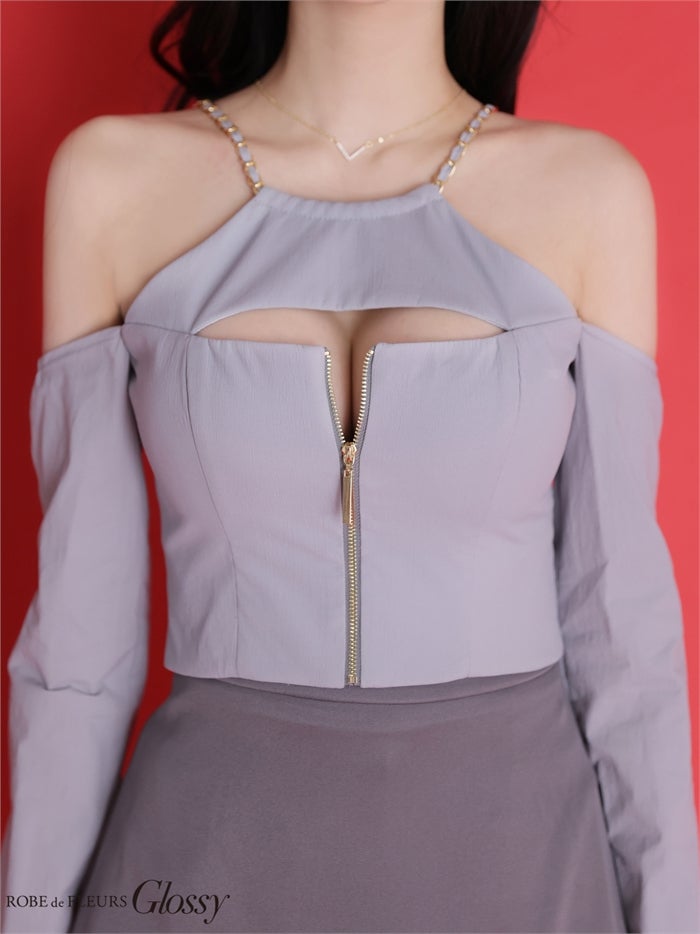 Glossy ローブドフルールグロッシー 【XSサイズあり】 チェーンストラップフロントジップセットアップミニキャバドレス gl4160