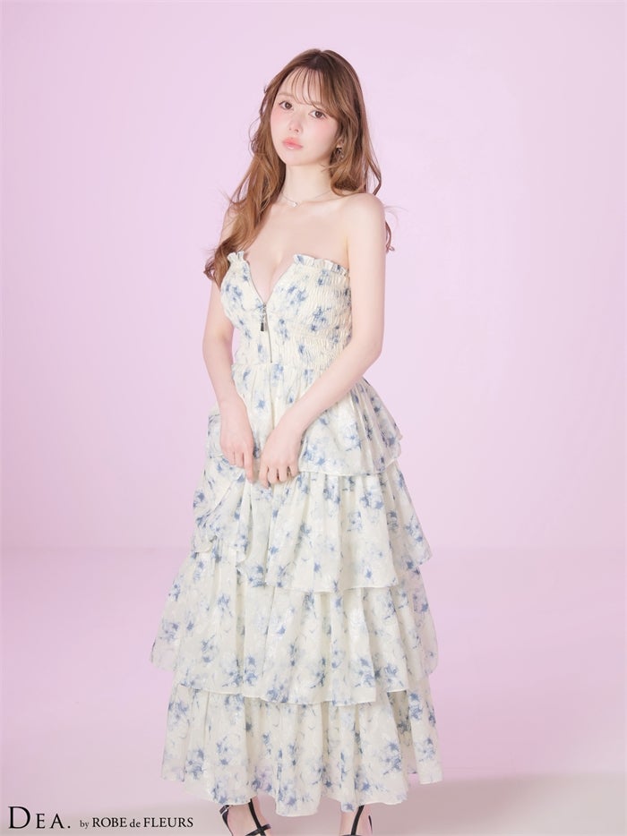 DEA. ディア バイ ローブドフルール 【XS～Lサイズあり】 フラワージャガードシフォンティアードフレアロングキャバドレス de4641